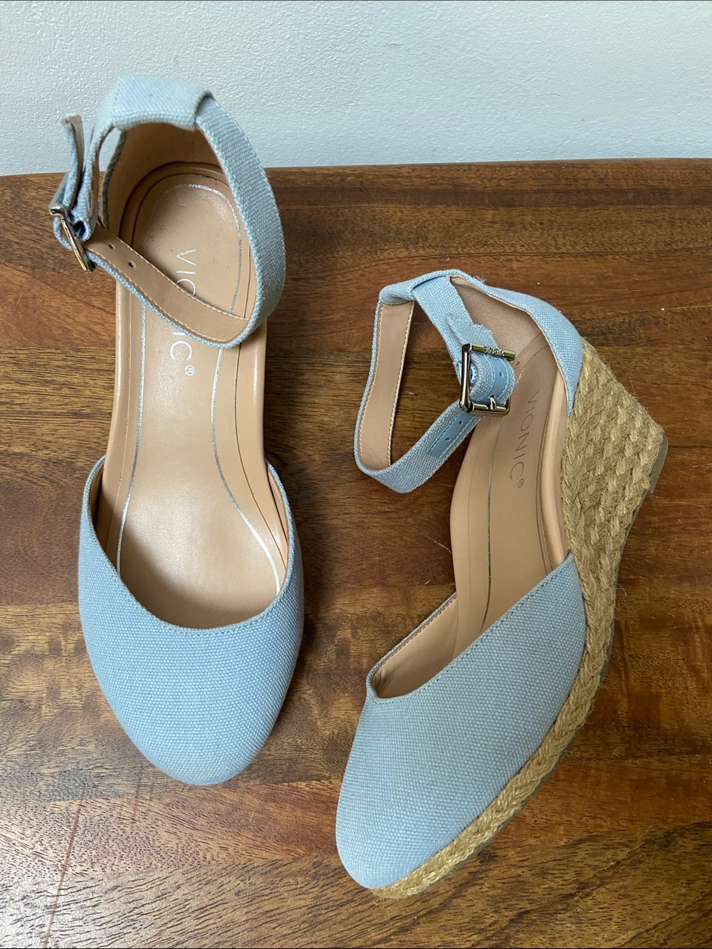 Vionic Light Blue Ankle-Strap Closed-Toe Wedges